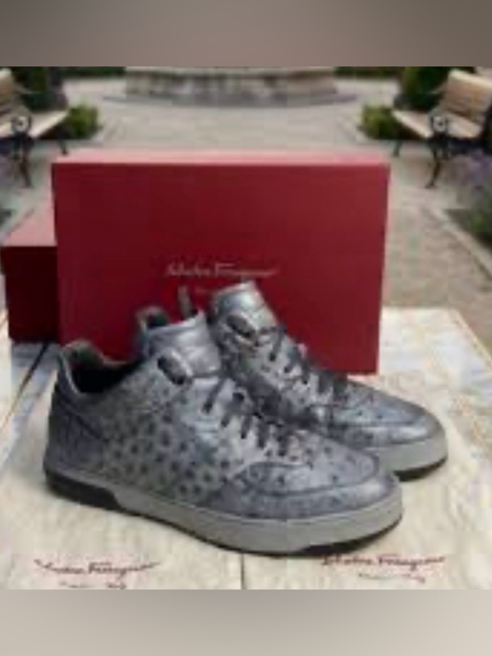 Salvatore Ferragamo ostrich Men's Gray Leather Low-Top Sneakers size 10.5